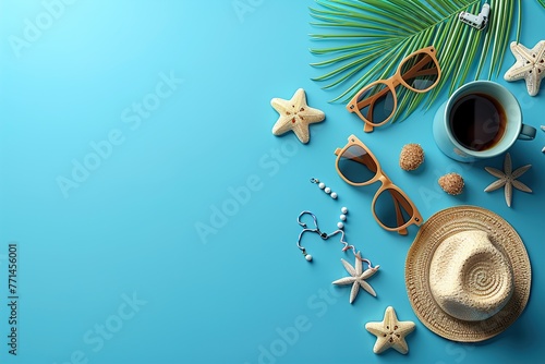 Top view of traveler accessories, tropical palm leaf and airplane on blue background 