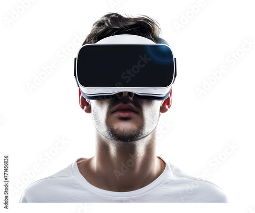 A man wearing VR goggle glasses technology isolated on white transparent background, PNG File. Perfect for clipart