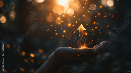 Hand releasing a glowing arrow upwards surrounded by magical golden sparks, symbolizing growth or success.