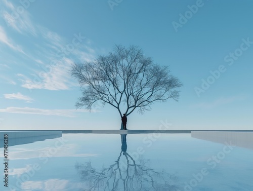A tree stands alone in a body of water, with a couple standing in front of it. The scene is serene and peaceful, with the tree and water reflecting the beauty of the moment