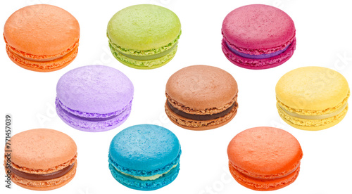 Set colorful macarons isolated on a transparent background.