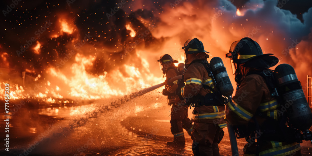 Firefighting team in action, extinguishing a massive blaze with a powerful jet of water, amidst a dramatic scene of roaring flames and flying embers at night