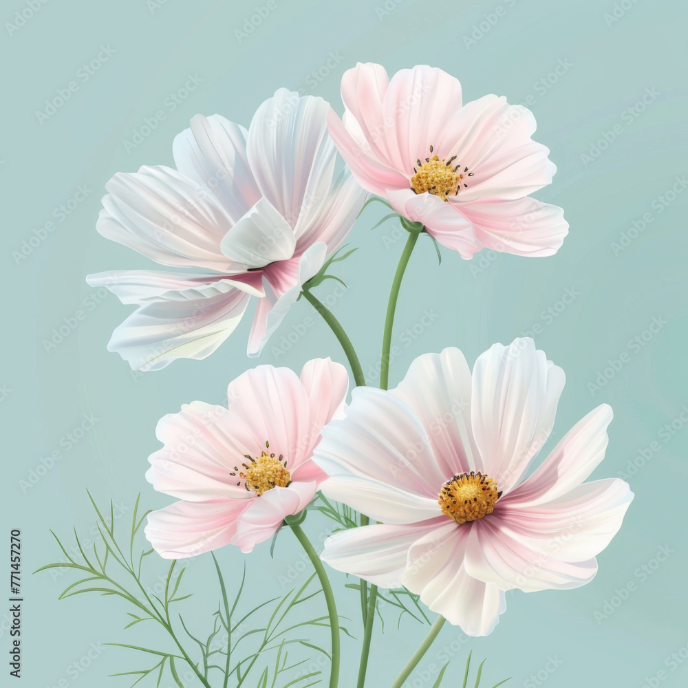 Delicate pink cosmos flowers in bloom, exuding grace and softness against a serene blue backdrop.