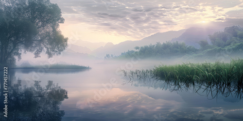 Tranquil lake scenery, foggy morning at sunrise.
