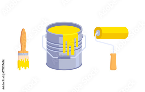 Illustration of a can of yellow paint and a brush and roller. A bucket of paint, a roller and a brush.