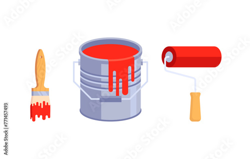 Illustration of a can of red paint and a brush and roller. A bucket of paint, a roller and a brush.