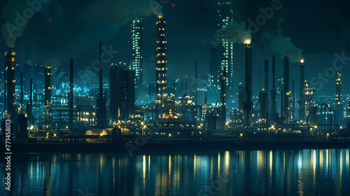 A cinematic photo of an industrial oil gleaming night scene with towering smokestacks and reflection in the water, lighted in the style of lights and blue sky, surrounded by large buildings and tall t