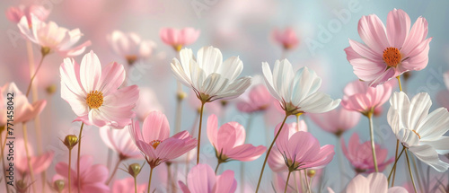 A serene display of white and pink cosmos flowers against a soft-focus pastel background.