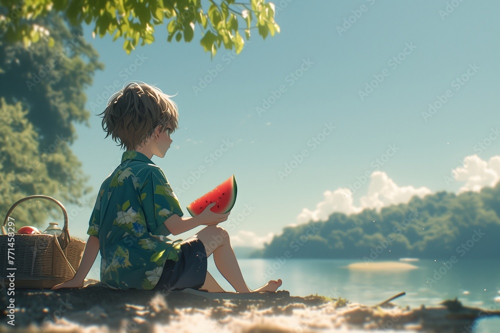 Little boy sitting near lake and eating watermelon on hot sunny day