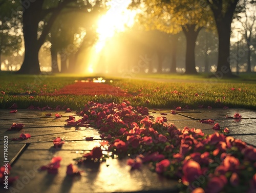 A path in a park is covered in red petals. The sun is shining brightly, casting a warm glow on the scene. Concept of tranquility and beauty, as the petals create a soft, romantic atmosphere