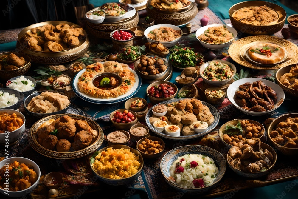 A table filled with an array of plates showcasing a festive spread of delicious food for the celebration of Eid al-Fitr. 