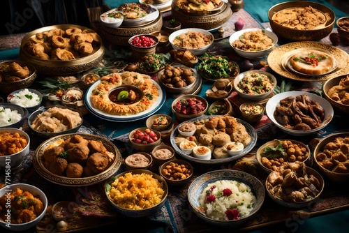 A table filled with an array of plates showcasing a festive spread of delicious food for the celebration of Eid al-Fitr. 