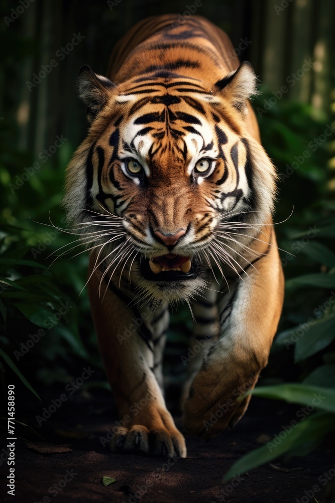 Front view of one tiger on outdoor background.