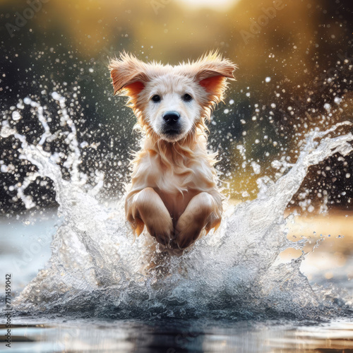 red dog runs through the water, wet, splashes all around