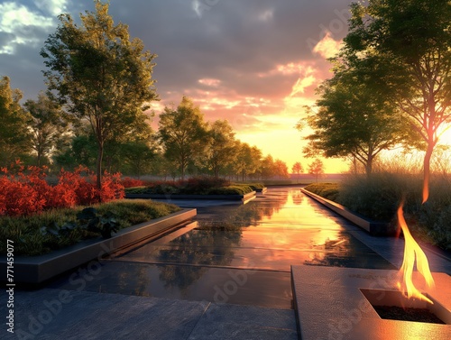 A beautiful sunset is reflected in the water of a pond. The scene is peaceful and serene, with trees surrounding the water and a fire pit in the foreground. The fire adds a warm glow to the scene