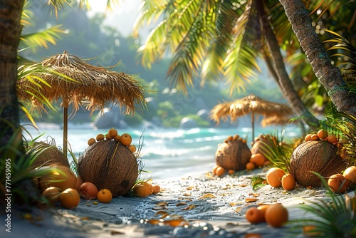 Tropical beach concept made of coconut fruit and sun umbrella. Creative minimal summer idea. 