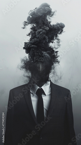 surreal background, man wearing suit, head is made out of black smog rising up, flat grey background. Generative Ai.