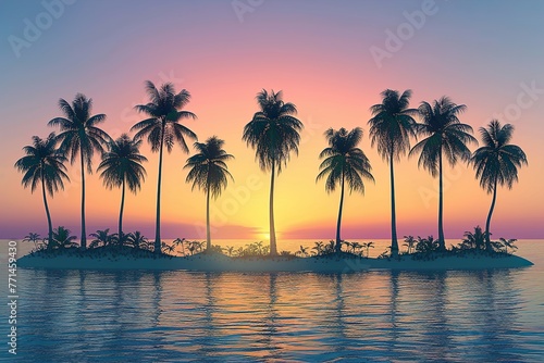 Tropical island sunset with silhouette of palm trees, hot summer day vacation
