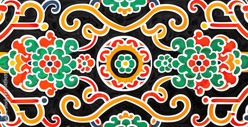 Korean traditional pattern for buddhist temple, black and white, white background, top view, drawn by colorful marker, red, green, yellow, black.