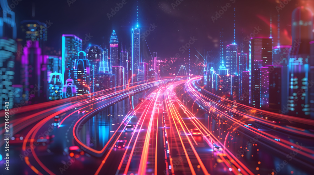 Futuristic cityscape with neon lights and high-tech elements, digital background for technology-themed designs. High-speed highway in motion in the foreground