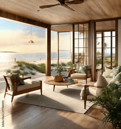 interior rendering of beach house  neutral colors with lost of vegetation and green spaces  cape cod style