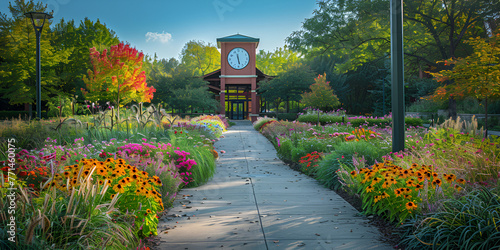 Campus Clock and Walkway at University of Wisconsin–River Falls. generative ai  photo