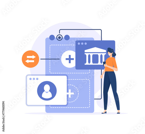 Online E-Banking,Data Protection,Characters in online internet banking transfer electronic funds from bank to bank. Sending and receiving money concept