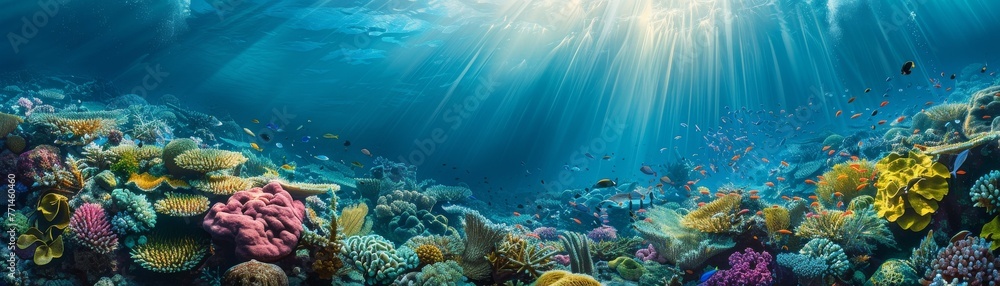 Rainbow reef, marine life highlighted by the sun's rays piercing through water
