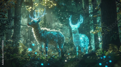 Mystical forest creatures  bathed in otherworldly glows and natural beauty