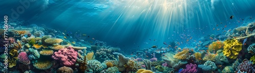 Rainbow reef, marine life highlighted by the sun's rays piercing through water photo