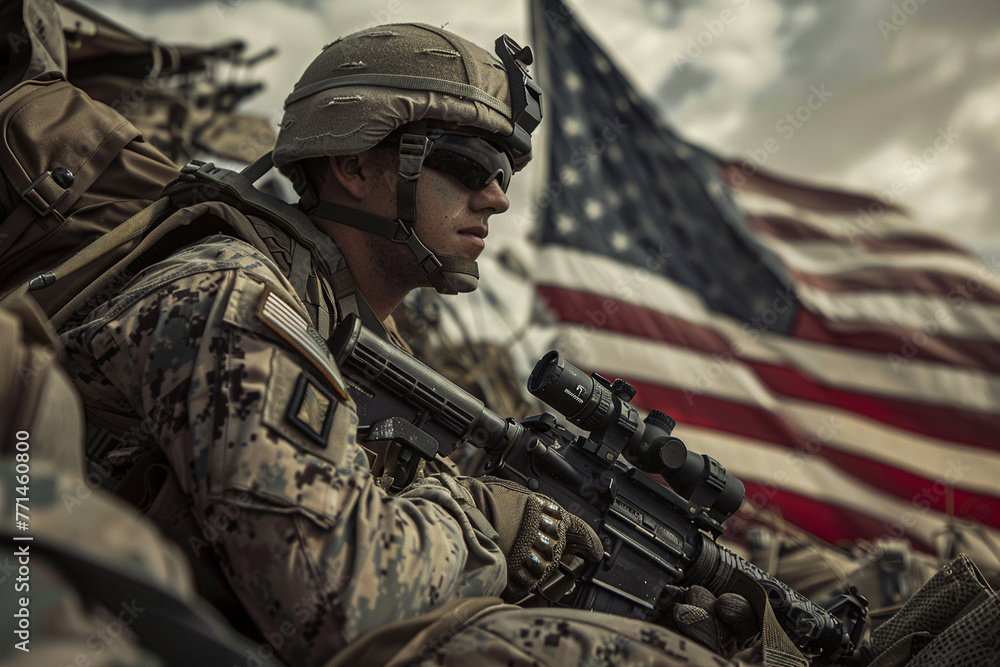 A powerful image of a US Marine, side view, displaying the resilience and strength of the armed forces under the national flag. A powerful image of a US Marine, side view, displaying the resilience and strength of the armed forces under the national flag.