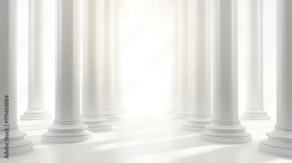 An image of an architectural symmetrical structure in the form of columns in white tones with receding perspective and ideal rhythms. Generative AI