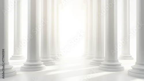 An image of an architectural symmetrical structure in the form of columns in white tones with receding perspective and ideal rhythms. Generative AI