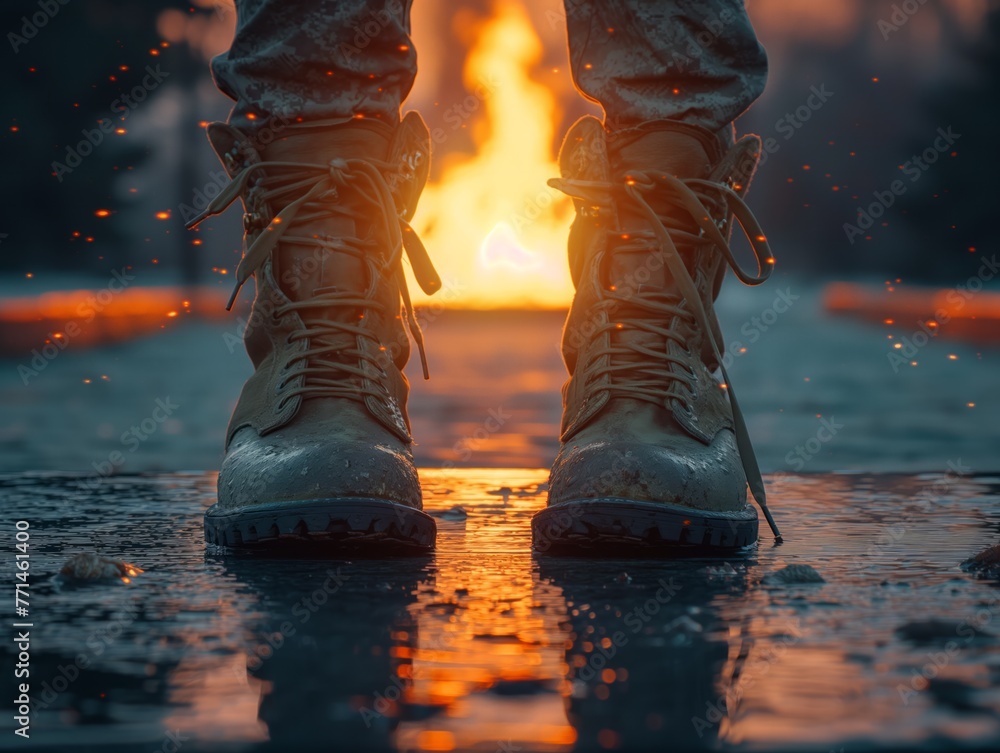 A pair of boots with a fire in the background A pair of boots with a fire in the background