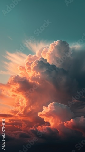 Large, fluffy, white cloud backlit by setting sun. Cloud lit up with warm, golden light, has beautiful, textured appearance. Sky deep blue color, cloud set off center in frame. Cloud has soft.