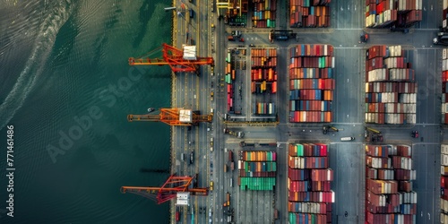 An aerial view of a container terminal at a busy port. 