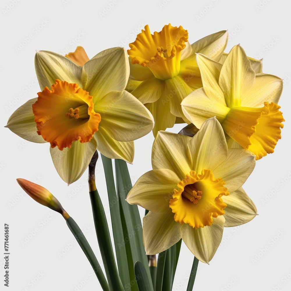 Bouquet of blooming yellow daffodils with bright orange centers on white background. Daffodils in full bloom, have multiple layers of petals. Stems green, have long, thin leaves. Bouquet of blooming yellow daffodils with bright orange centers on white background. Daffodils in full bloom, have multiple layers of petals. Stems green, have long, thin leaves.