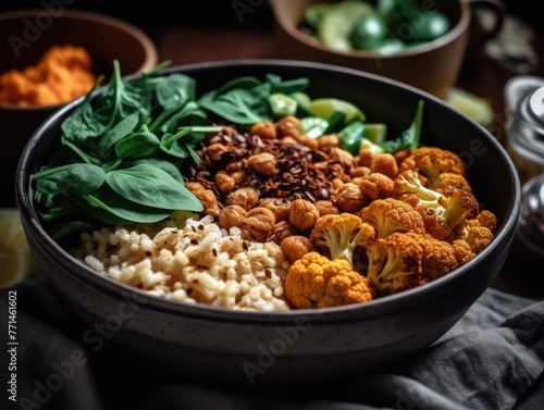 Delicious, healthy vegan Buddha bowl with brown rice, roasted chickpeas, spinach, cauliflower, tahini dressing.
