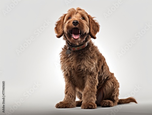 Adorable brown moyen goldendoodle sits on white background, looks at camera with its mouth open, pink tongue hanging out in happy expression. Dog has collar with decorative pendant on it. photo