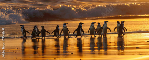 A group of penguins waddling along the beach in Cape Town, South Africa photo