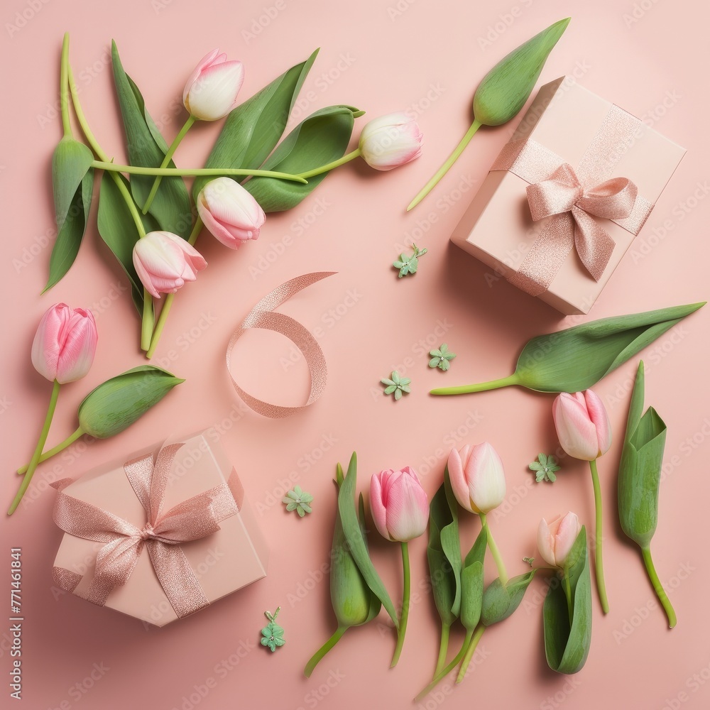 Pink tulips, gifts on pink background. Tulips of light pink color, have long green stems. Gifts wrapped in pink paper, have pink ribbons. Also some small green leaves scattered around. Pink tulips, gifts on pink background. Tulips of light pink color, have long green stems. Gifts wrapped in pink paper, have pink ribbons. Also some small green leaves scattered around.
