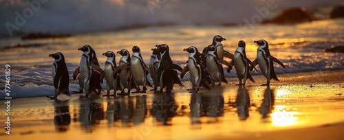 A group of penguins waddling along the beach in Cape Town, South Africa photo