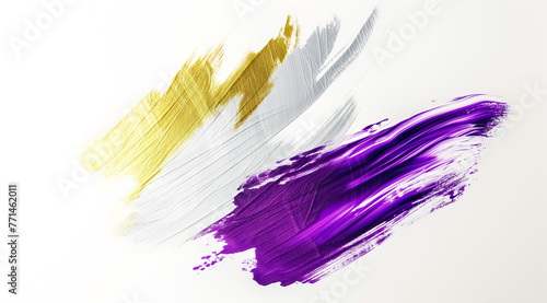 abstract brushstrokes of gold silver and purple colors paint texture isolated on white background