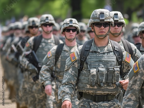 A group of soldiers march in formation. The soldiers are wearing camouflage uniforms and are carrying backpacks photo
