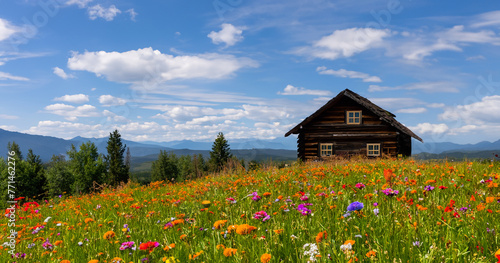 カラフルな花が咲いている丘にある小さな家