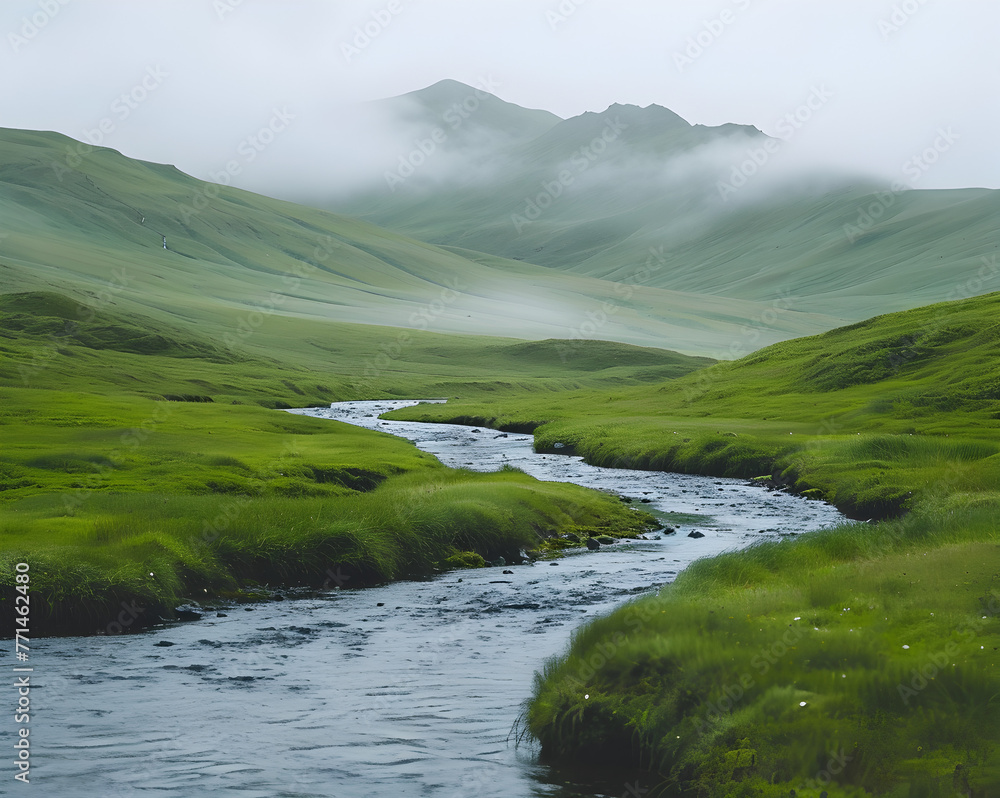 River in middle of green grass covered hill 