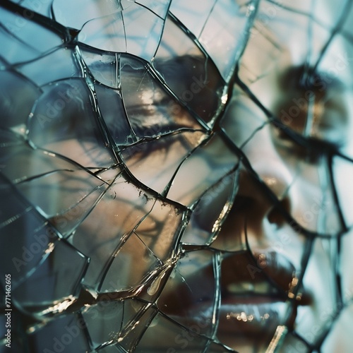 Close-Up of a Broken Glass Reflection, Revealing a Human Silhouette. Mental health.