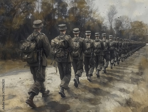 A group of soldiers are marching down a road. The soldiers are wearing uniforms and carrying backpacks. Scene is serious and focused, as the soldiers are marching in a line