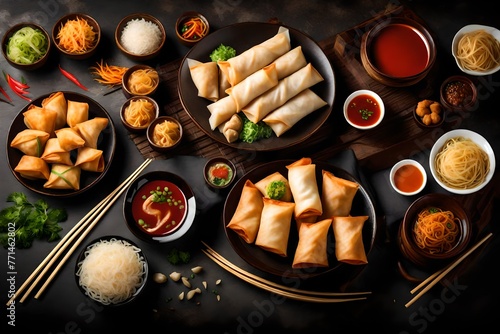 selection of asian food- spring roll, samosa, fried noodles, soup, rice and dumpling photo