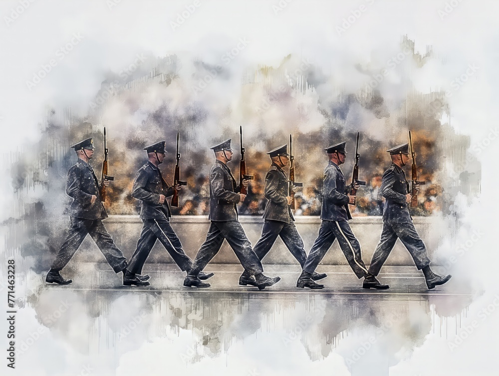 A group of soldiers march in formation, each holding a rifle. Concept ...